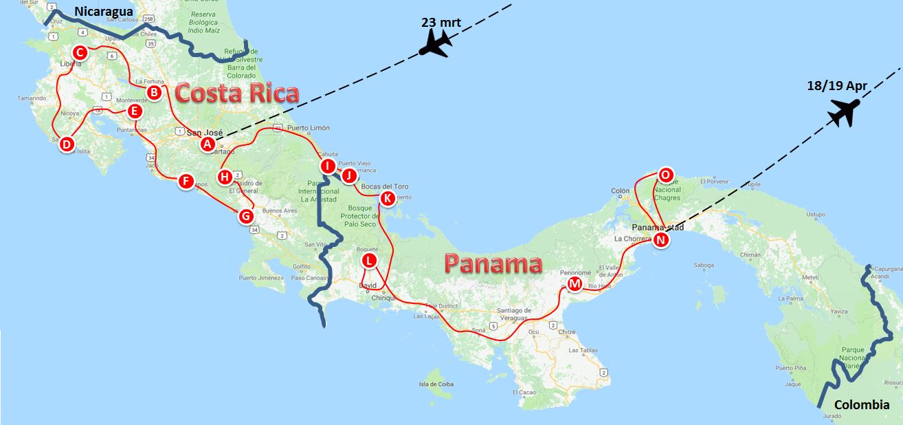 Rondreis CostaRica Panama 2018 HET REISPLAN / ROUTE