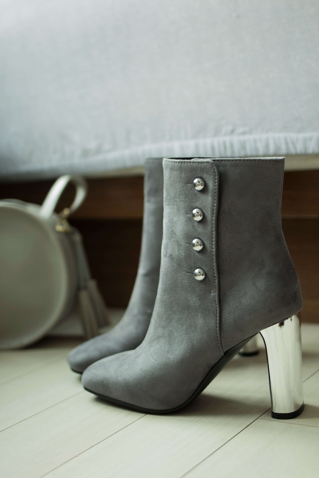 grey suedette ankle boots mirror statement heel