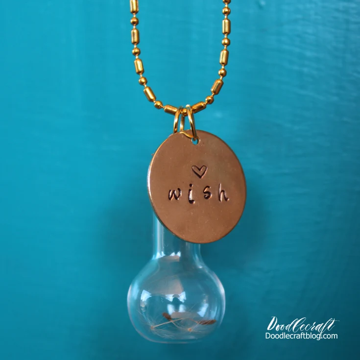 Make a wish in a bottle necklace with dandelion blossom and metal stamping tools.
