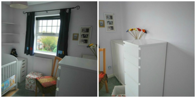 Collage of two pictures of empty shelves and side cupboards