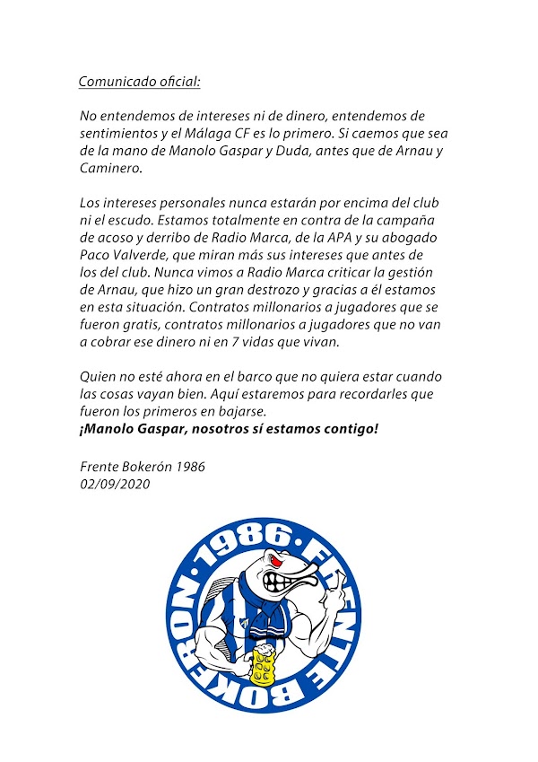 Málaga, comunicado del Frente Bokerón sobre la actual gestión del club