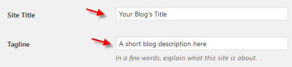 WordPress site title and tagline settings within dashboard