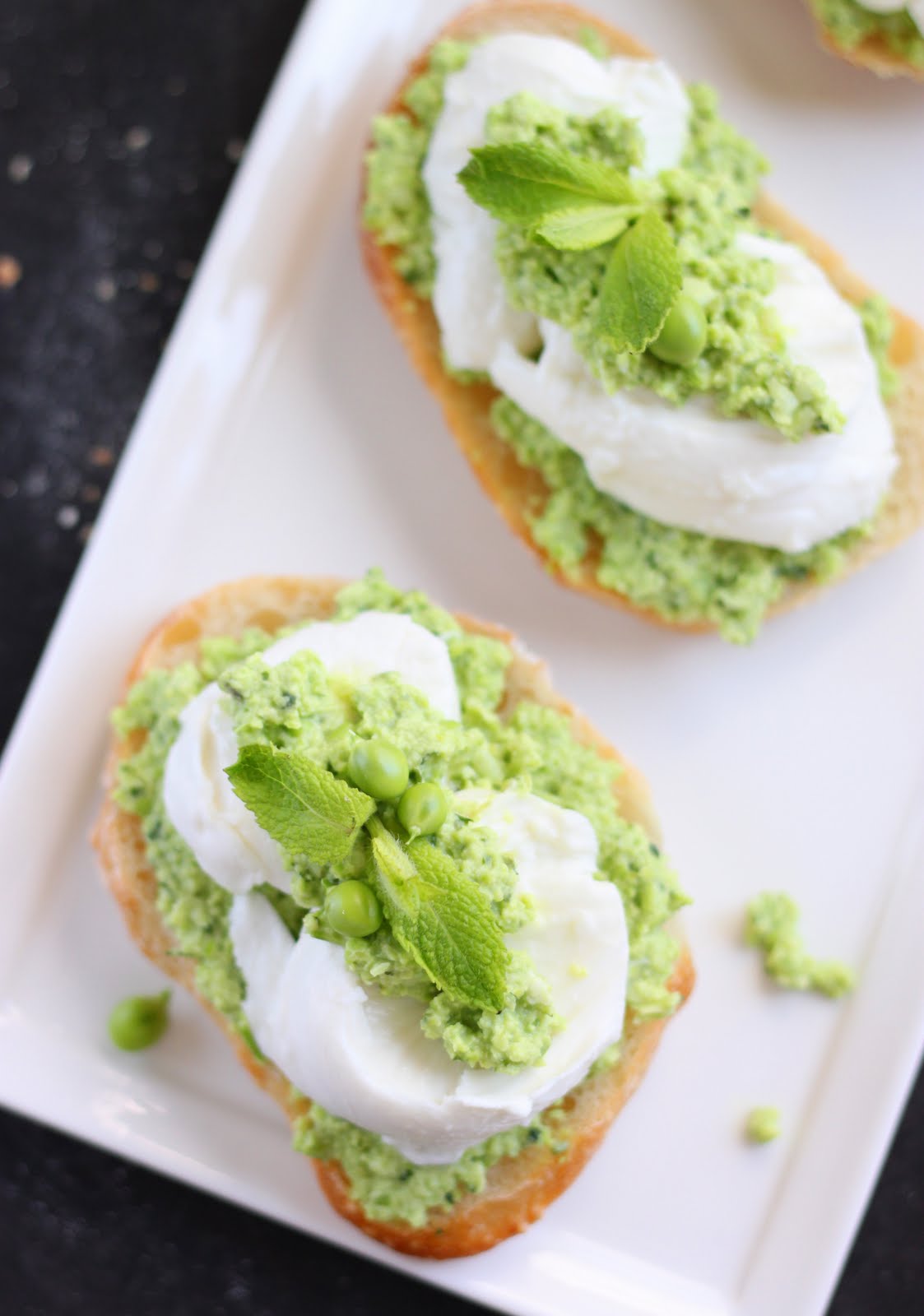 The Cilantropist Smashed Peas and Fava Beans with Fresh Mozzarella