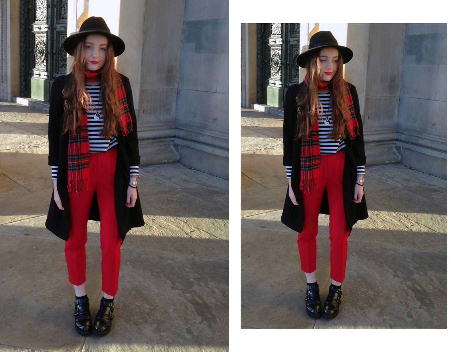 what to wear to a fashion industry interview: OOTD featuring red zara trousers, striped long sleeved top, primark black fedora and duster jacket, tartan scarf and monk shoes