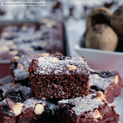 These fudgy brownies are topped with dried cherries and white chocolate chips, stuffed with beets, and a divinely sweet way to enjoy beets from the farm share.