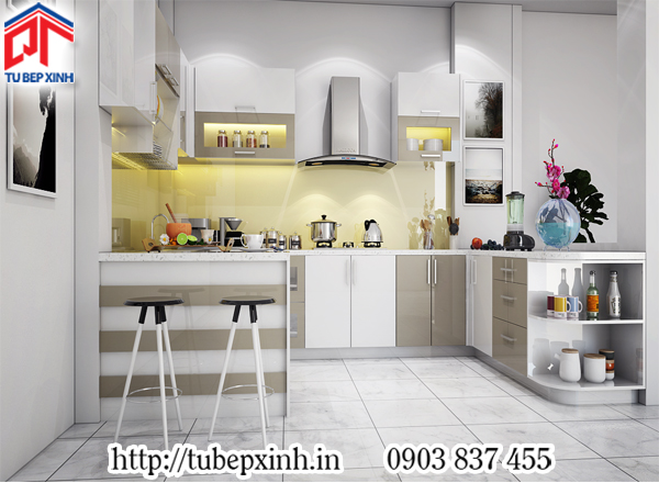 Top 5 mẫu tủ bếp tiêu biểu tháng 10 tủ bếp chữ G màu trắng phối nâu nhạt
