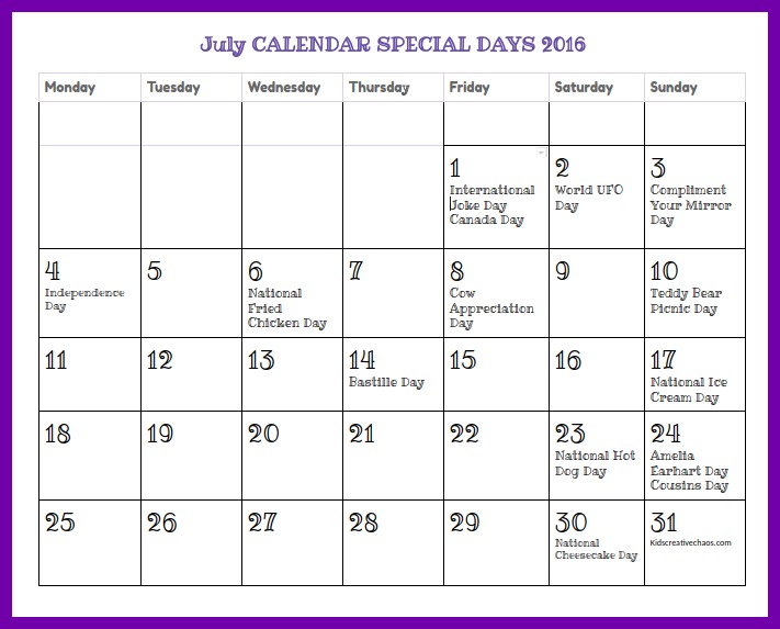 July Calendar Of Special Days And Holidays For Curriculum Planning