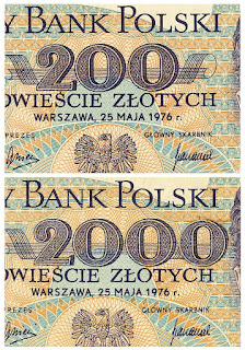 image of genuine 200 Polish Zloty banknote and counterfeit copy