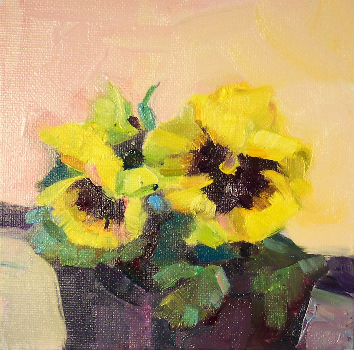 Art Every Day Yellow Pansies 3,still life,oil on canvas,6x6,price200