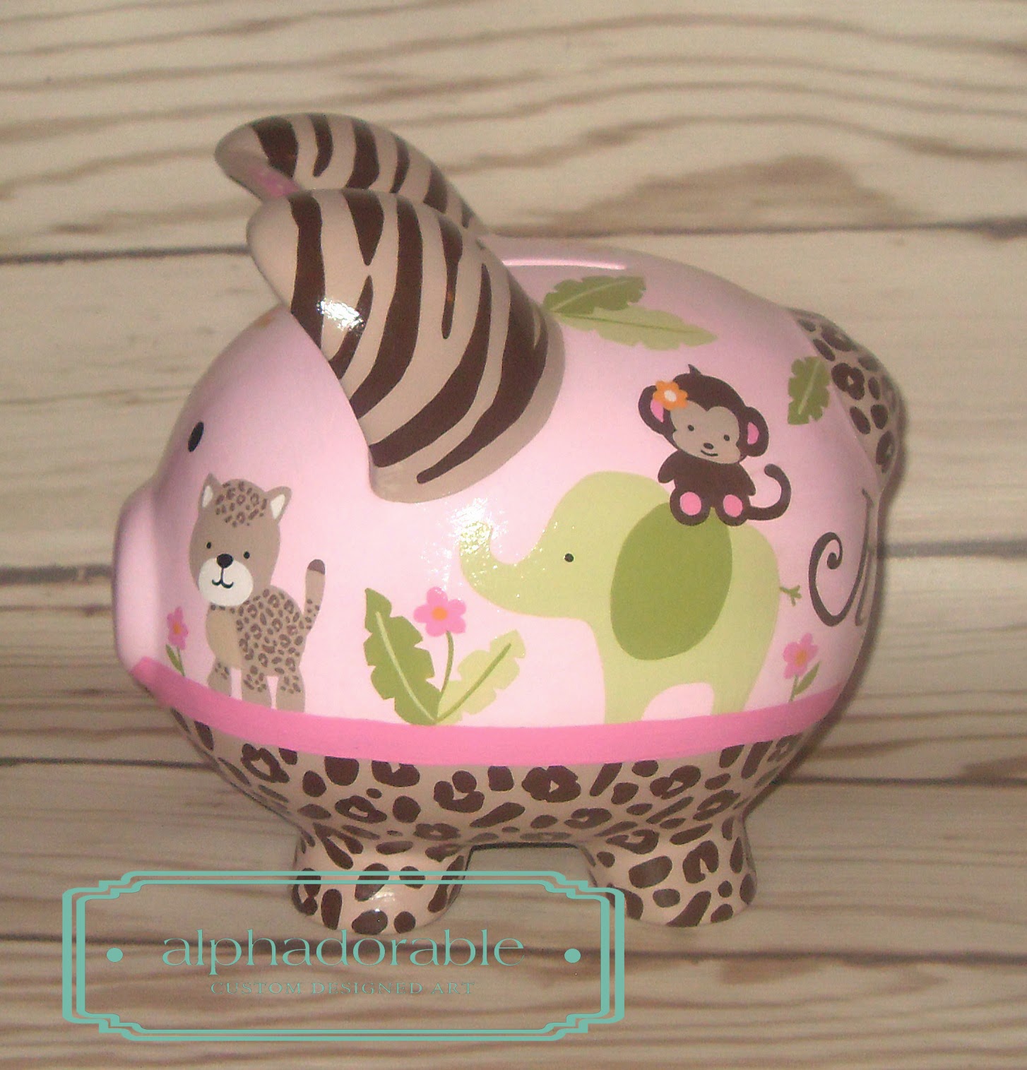Alphadorable Custom Hand painted piggy banks to match Jungle Jill Nursery!