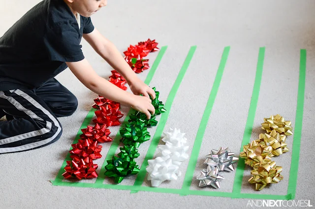 Christmas math activity for kids using gift bows from And Next Comes L