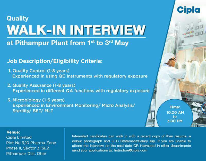 Walk in for CIPLA from 1-3rd May 2018