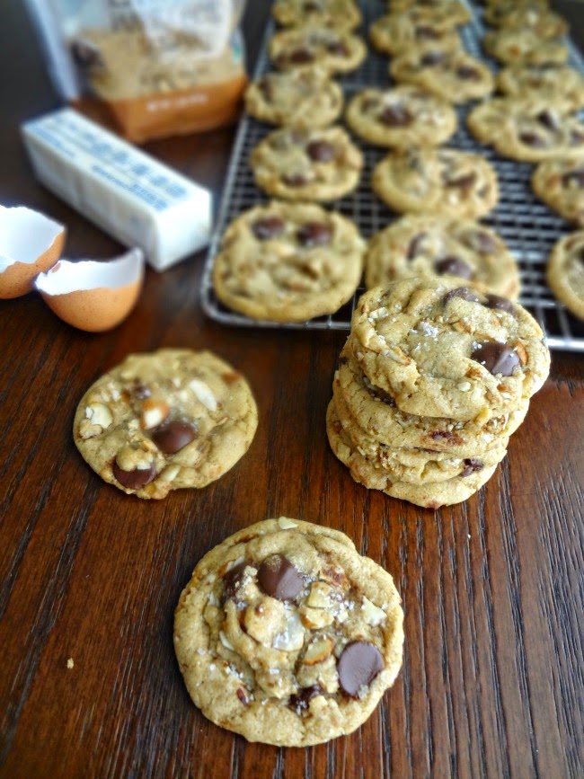 Brown Butter Brown Sugar Toasted Almond Dark Chocolate Chip Cookies with Sea Salt