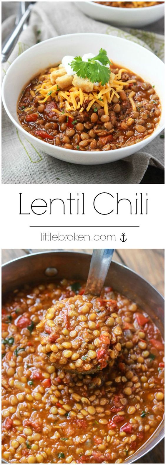 Meatless lentil chili with simple ingredients and flavorful spices. It's wholesome, filling, and makes one easy weeknight meal.