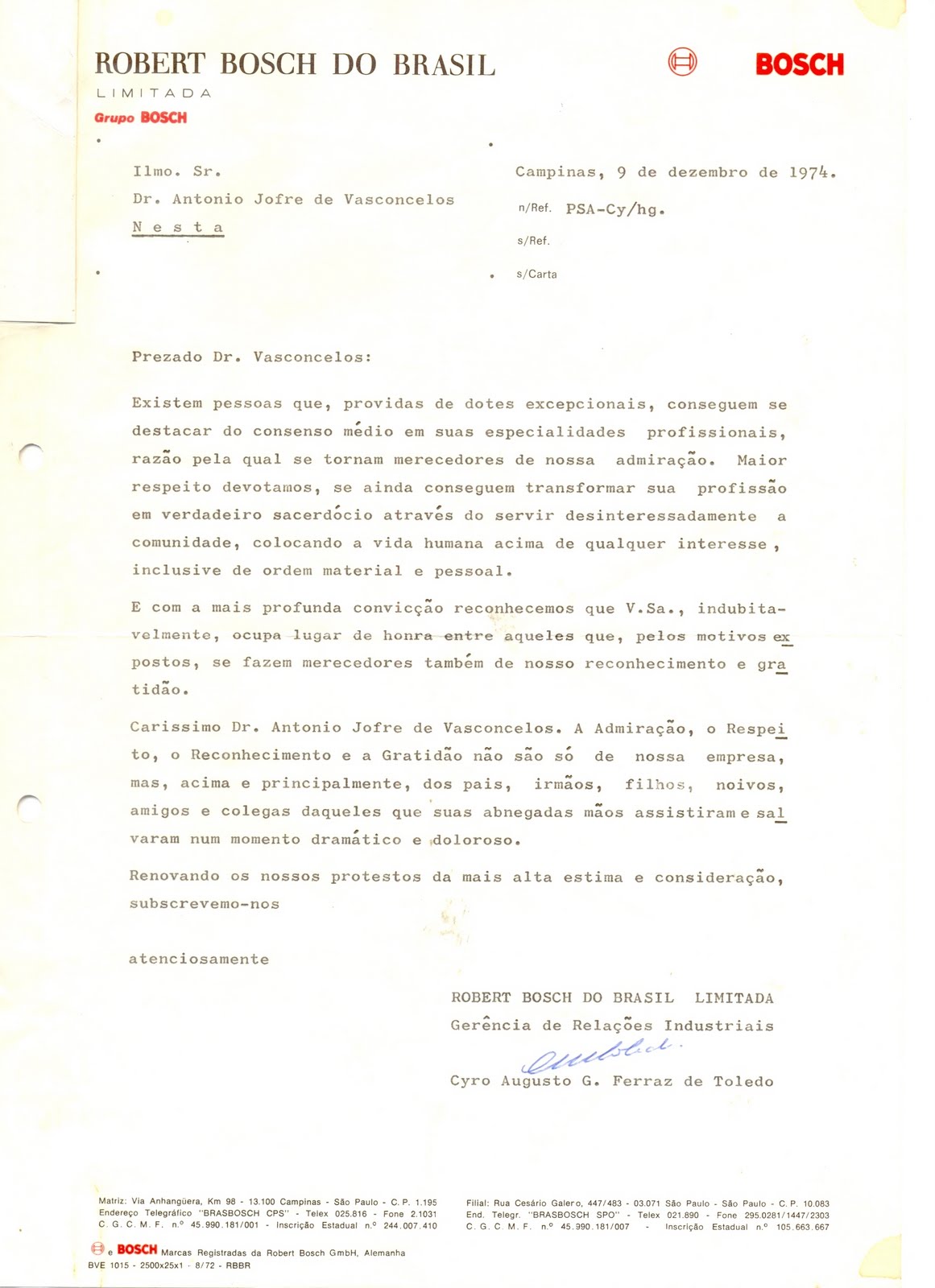 Antonio Jofre De Vasconcelos Carta De Elogios Recebida Da Fábrica