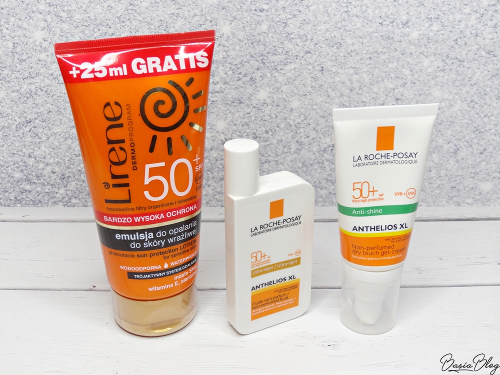Dobre filtry do twarzy, emulsja Lirene SPF50, La Roche-Posay Anthelios fluid ultralekki, suchy żel-krem w dotyku