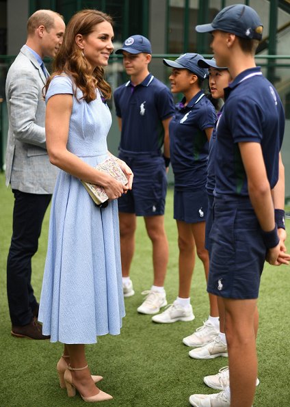 Kate Middleton wore Emilia Wickstead Jordin Dress, In2Design pearl earrings and Aldo Nicholes heel shoes