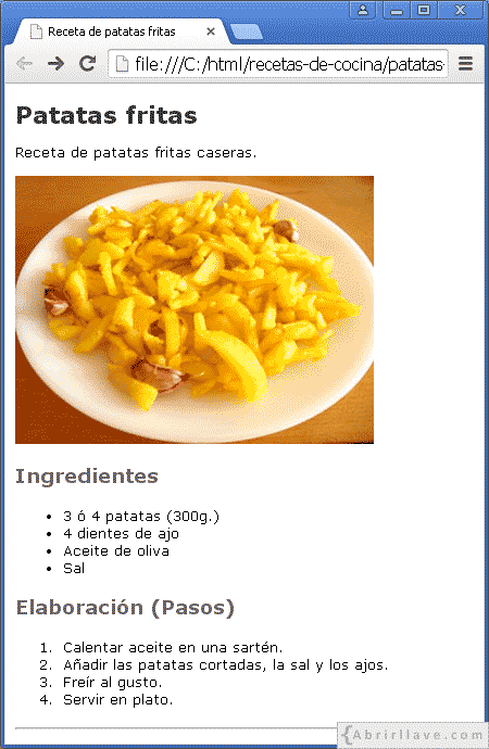Receta de cocina de patatas fritas en HTML.