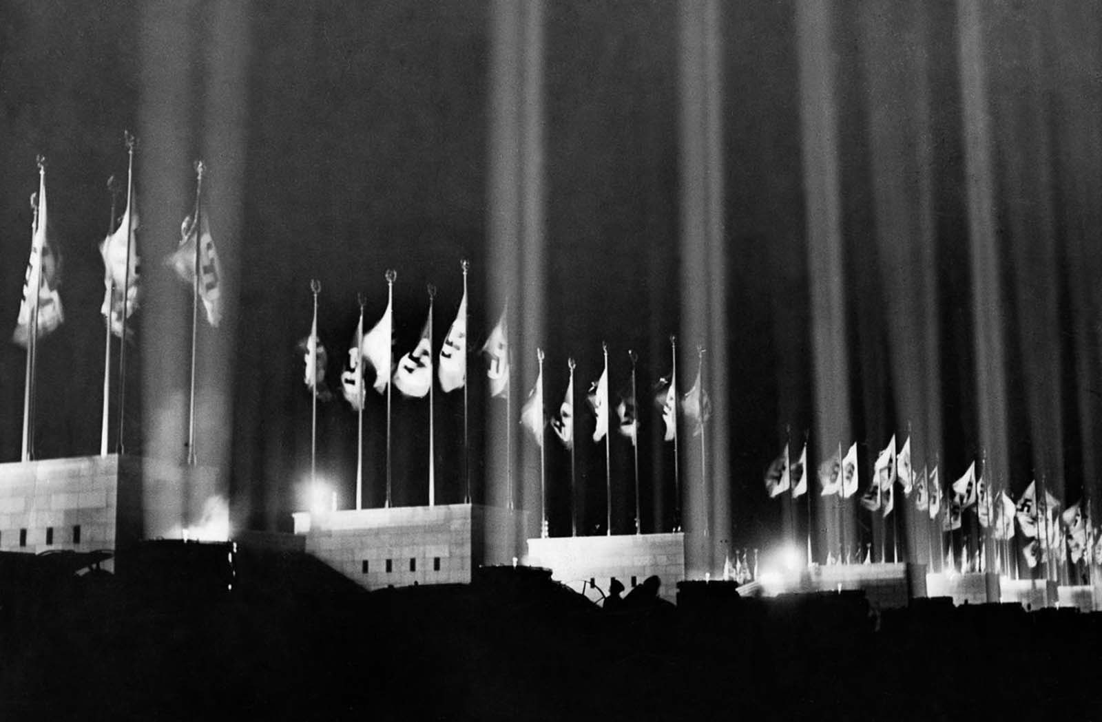 Nazi flags surrounding the venue. 1936.