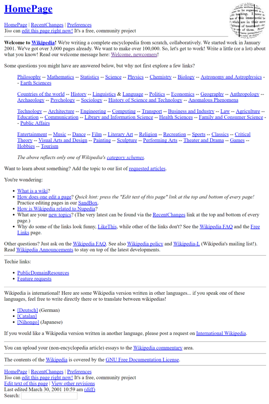 Wikipedia, first home page 2001
