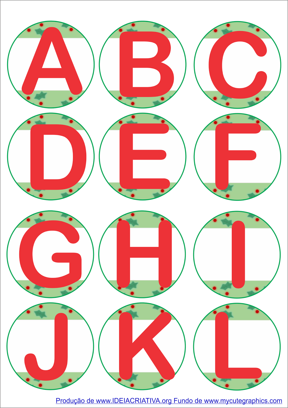 Alfabeto Natalino e Numerais até 9 em forma de círculo
