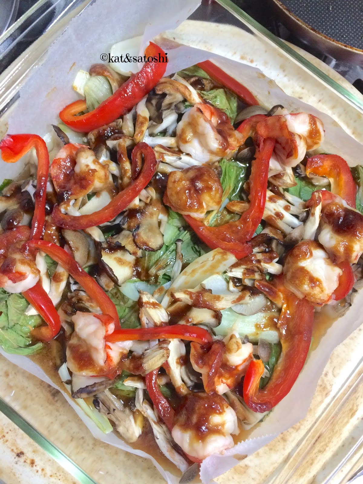 Our Adventures in Japan hoisin shrimp with bok choy, shiitakes & peppers