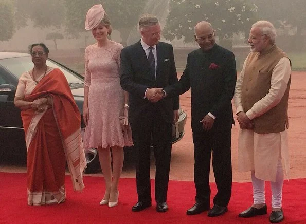 Queen Mathilde wore Dries Van Noten dress and Natan lace dress. Mahatma Gandhi, Ram Nath Kovind and Savita