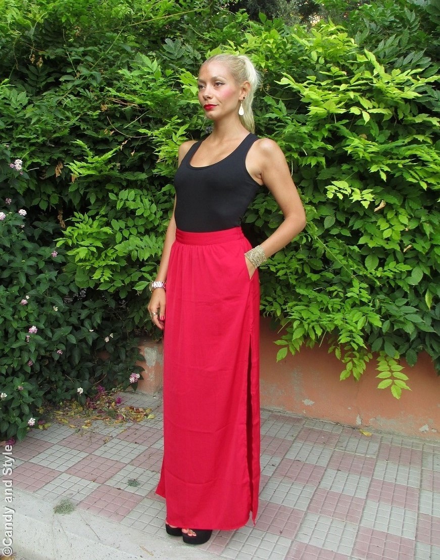 Black Tank, Red Lingerie Maxi Skirt, Sandals, Urbiana Accessories - Lilli, Candy and Style Fashion Blog