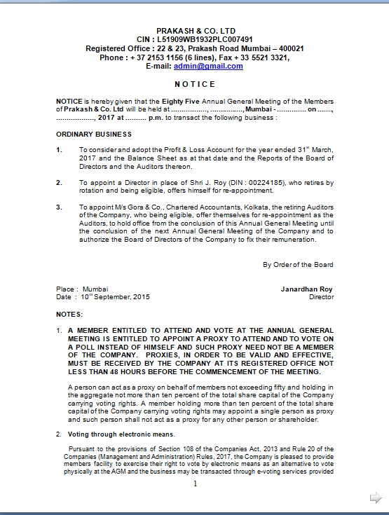 Annual General Meeting Notice Format For A Private Limited Company