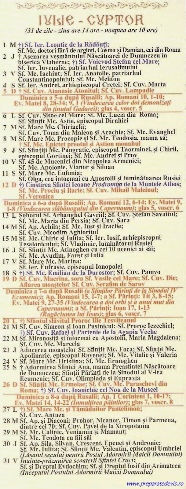 Calendar Ortodox 2021 Iulie / Calendar Ortodox 31 iulie ...