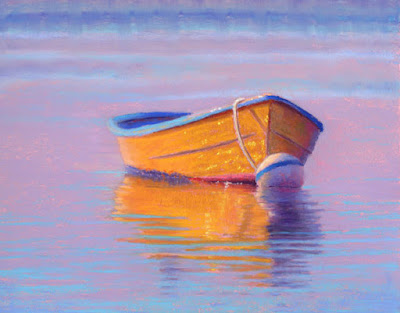 pastel painting: bright yellow row boat pastel painting by