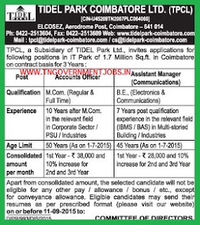 Applications are invited for the posts of Accounts Officer and Assistant Manager (Communications) in Tidel Park Coimbatore