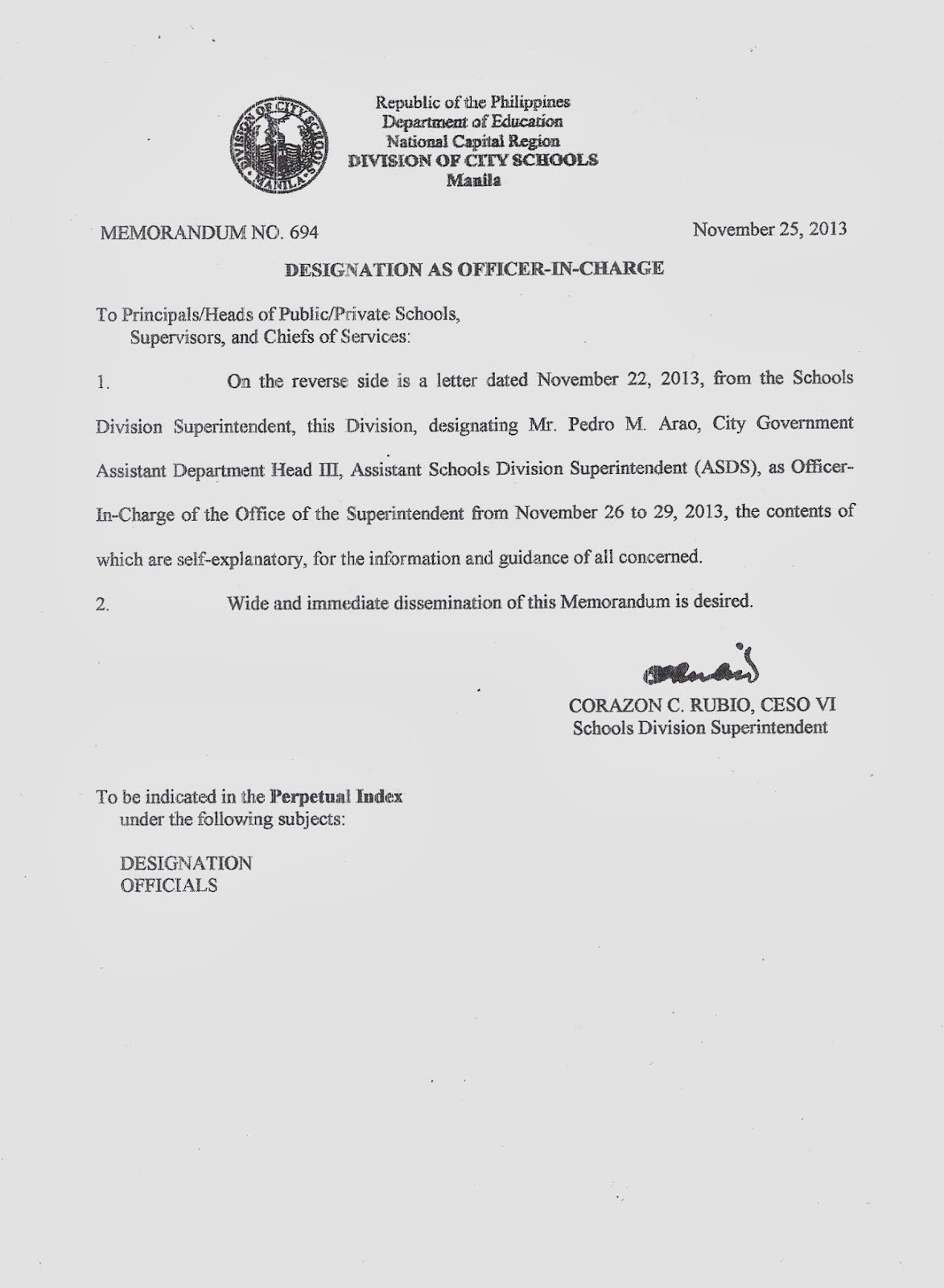 Department of Education Manila: Division Memorandum No. 694 ...