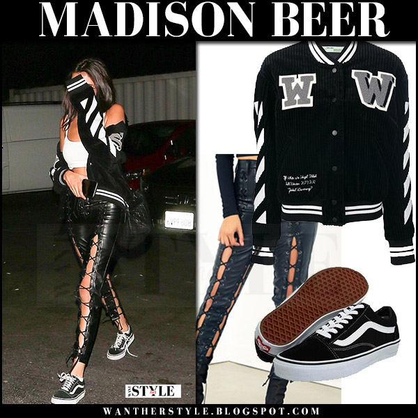 Madison Beer in black varsity jacket and black laced up pants I want