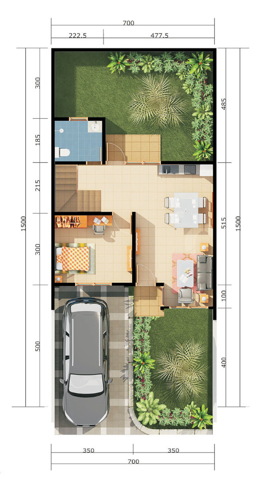 Denah rumah minimalis ukuran 7x15 meter 3 kamar tidur 2 lantai