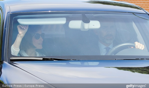 King Felipe VI of Spain and Queen Letizia of Spain are seen arriving at their children school to attend Princess Leonor's first confession some days before her First Communion