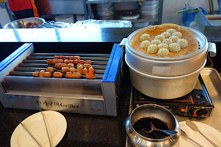 Korean wedding hall food - sausages and dumplings