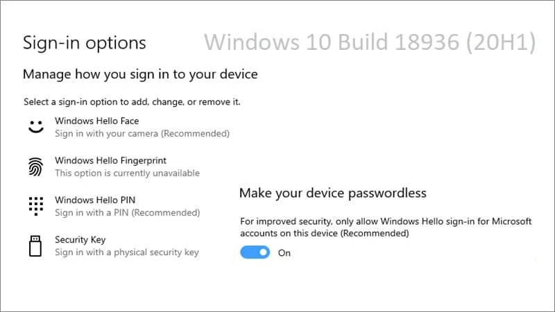 Microsoft adds new password less sign-in experience to improve security in Windows 10 Build 18936 (20H1)