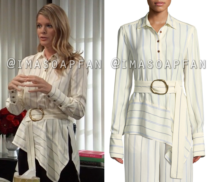 Nina Reeves, Michelle Stafford, Striped Cream Asymmetric Shirt, General Hospital, GH