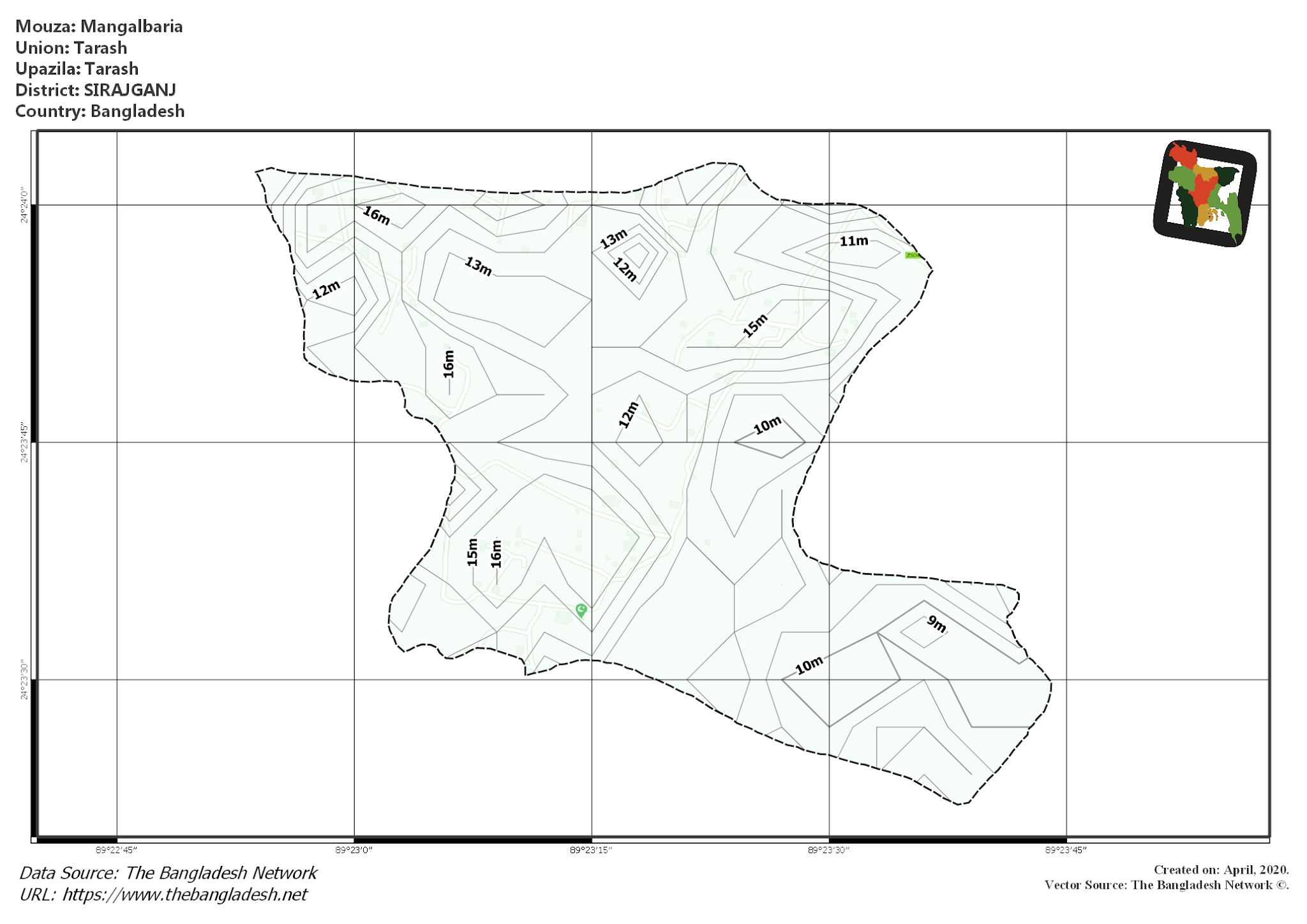 Map of Mangalbaria Mouza of Tarash Upazila, SIRAJGANJ, Bangladesh.