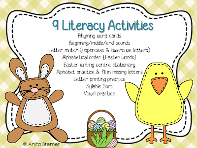 20 Instant Easter themed Math and Literacy centers for PreK, Kindergarten, and First Grade. Packed with fun literacy ideas and math activities. Common Core aligned. #easter #eastercenters #centers #mathcenters #literacycenters #kindergartencenters #kcenters #kindergarten #1stgrade #literacy