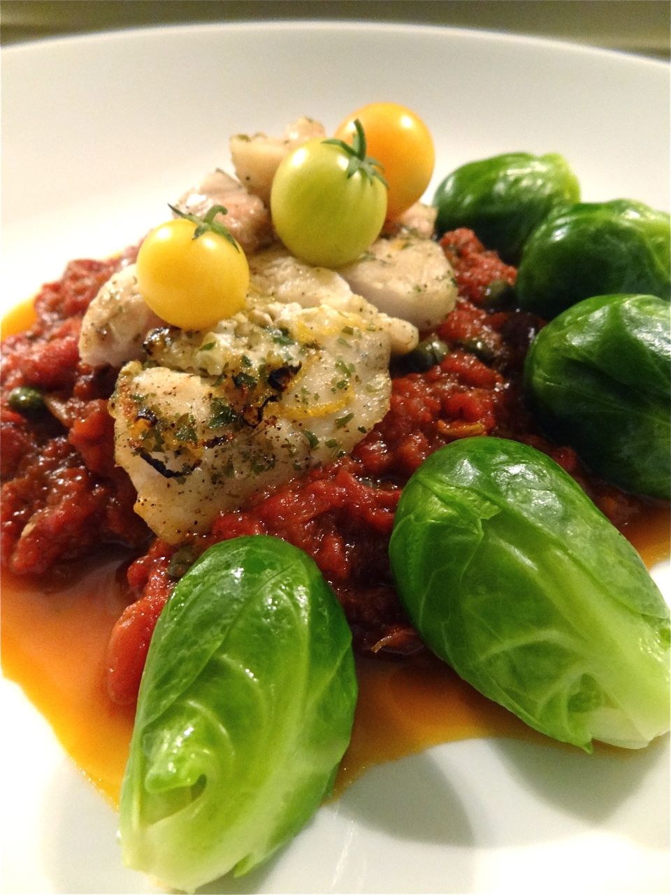 Scrumpdillyicious Grilled Grouper with Tomato Caper Sauce & Sprouts