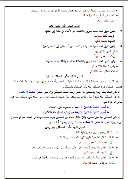ملخصات دروس اللغة العربية للمستوى السادس ابتدائي