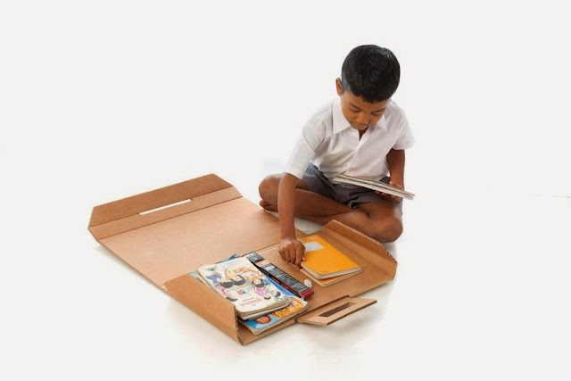 keeping books inside recycled carton school bag, folding creative carton desk into a bag