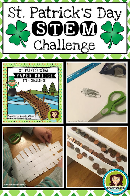 St. Patrick's Day STEM Challenge asks the students to create a paper bridge that will hold 100 pennies for 30 seconds to help the leprechaun transfer his gold coins to the bank.  Available versions for Grades 3-5 and Grades 5-8.