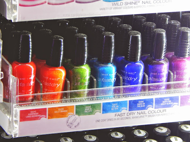 Wet n Wild Fast Dry nail color in  red, orange, green, blue, and purple