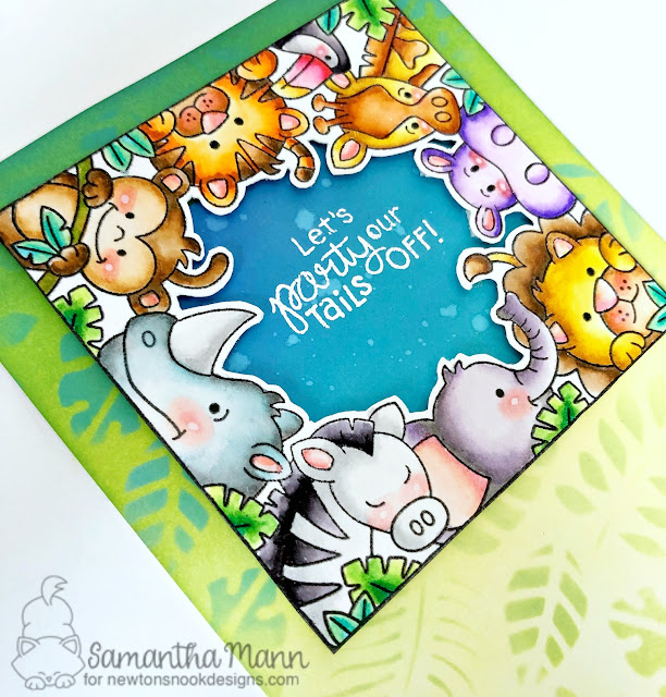 Let's Party Out Tails Off Card by Samantha Mann for Newton's Nook Designs, Birthday Card, handmade cards, Distress Oxide Inks, Zoo, animals, #birthdaycard #cards #newtonsnook #tropicalleaves