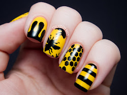 bee yellow silhouettes nails manicure nail bees plate ring pinky technique stripes tape done were using