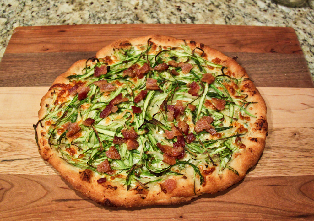 Shaved asparagus pizza with bacon and buffalo chicken pizza