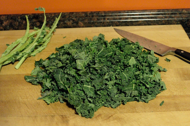 The chopped kale on the counter. 
